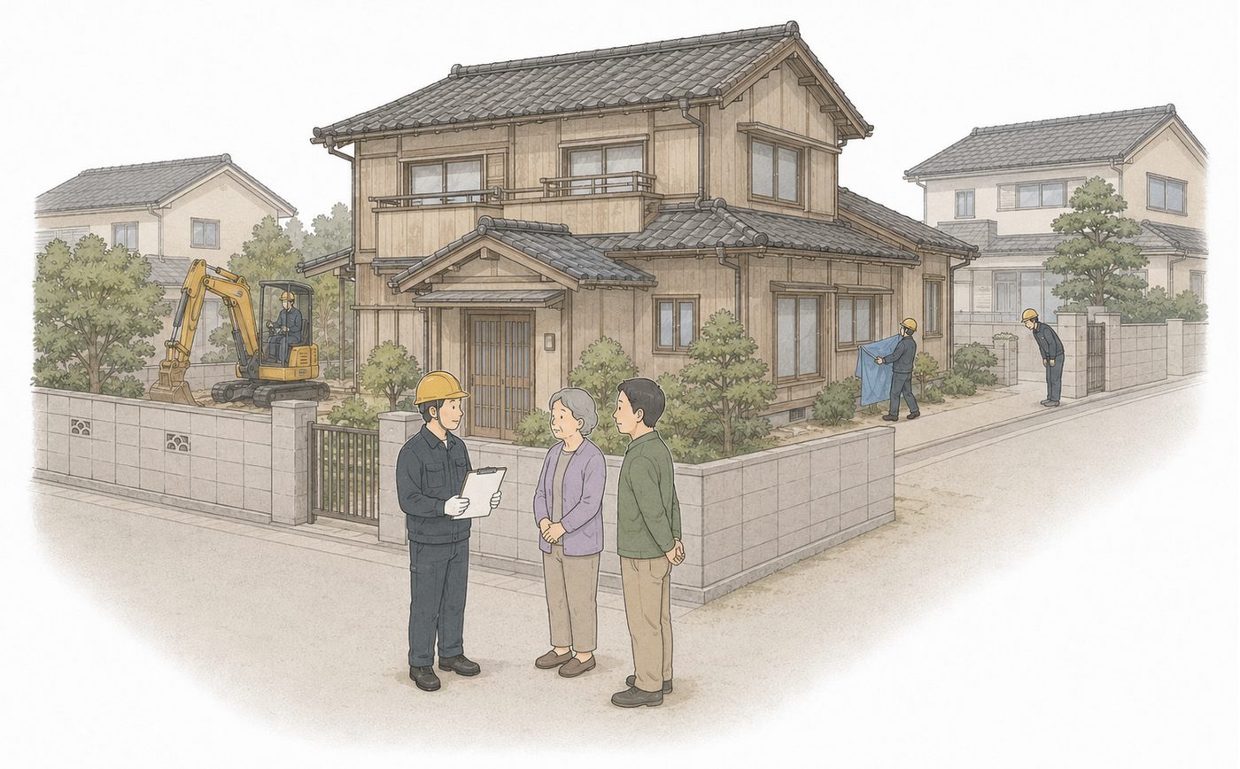 古い木造家屋の前で、書類を持った担当者が施主のご家族2人と話している。奥では重機と作業員が動き、別の作業員が隣家へ頭を下げている