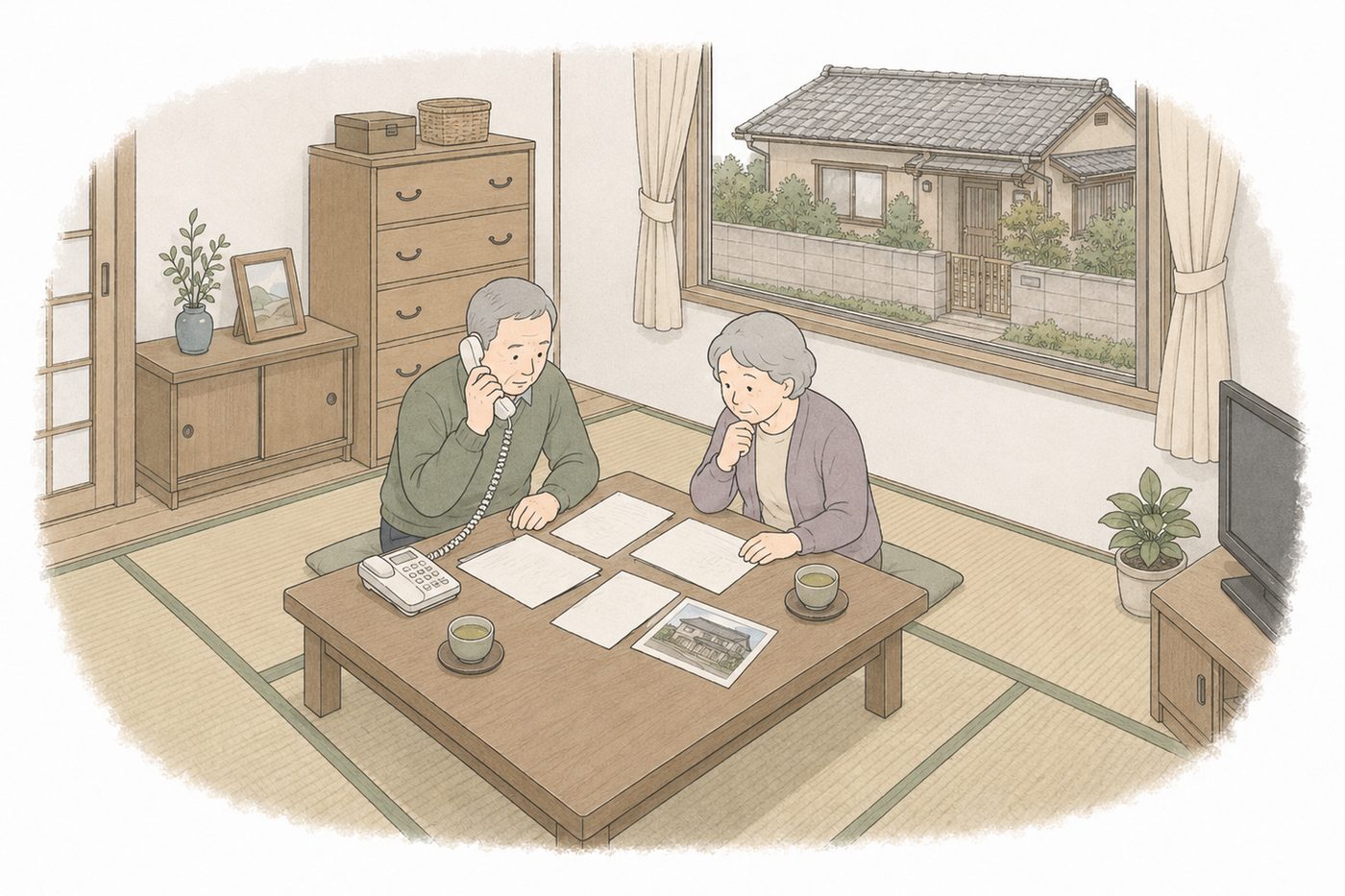 ご夫婦が居間の座卓で、書類と古い家の写真を広げて電話で相談している。窓の外に瓦屋根の古い平屋が見える