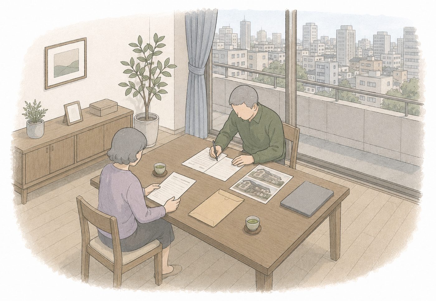 都市部の集合住宅の一室で、夫婦が食卓に書類を広げ、一人が署名している。机の上に実家の写真と封筒が置かれている