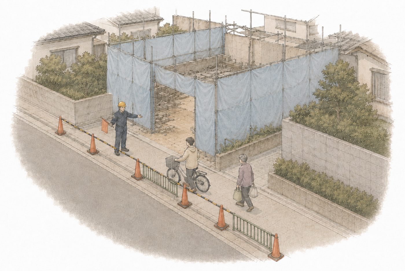 解体現場の前の歩道で、誘導員が手旗を持って通行を誘導している。コーンとバーで歩道を区切り、自転車を押した人と買い物袋を持った人が通っている