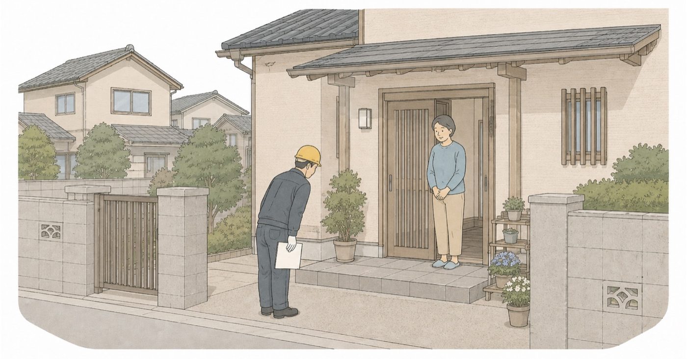 作業着の担当者が玄関先で頭を下げ、近隣の方が応対している