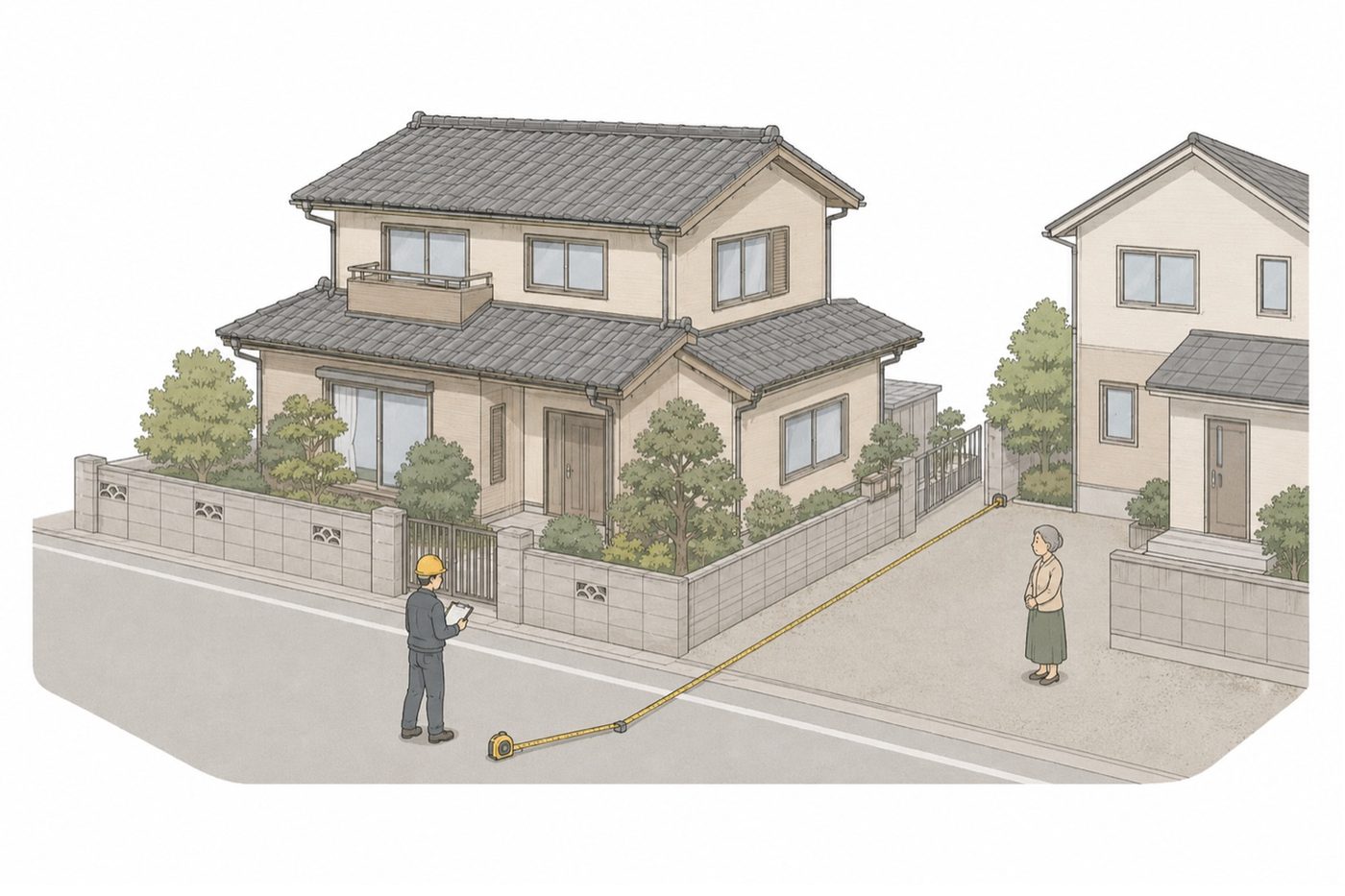 担当者が敷地を計測している現地調査の様子